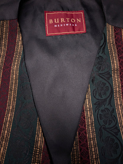 Burton Menswear waistcoat. Green red gold -colored striped motif. Size L.
