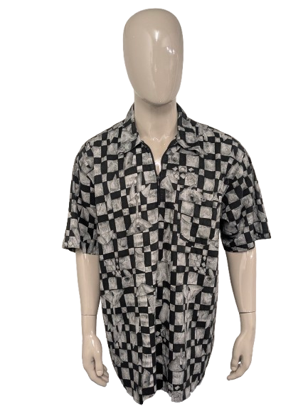 Vintage Kingsroad overhemd polo met rits. Zwart Witte print. Maat 3XL / XXXL.