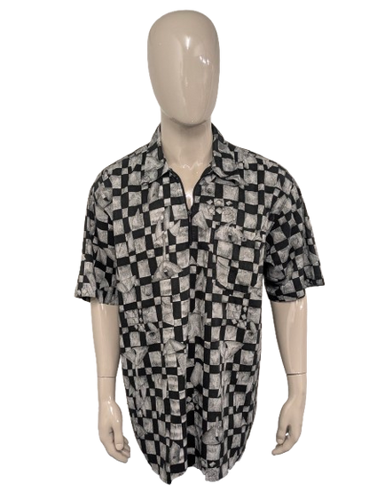 Vintage Kingsroad overhemd polo met rits. Zwart Witte print. Maat 3XL / XXXL.