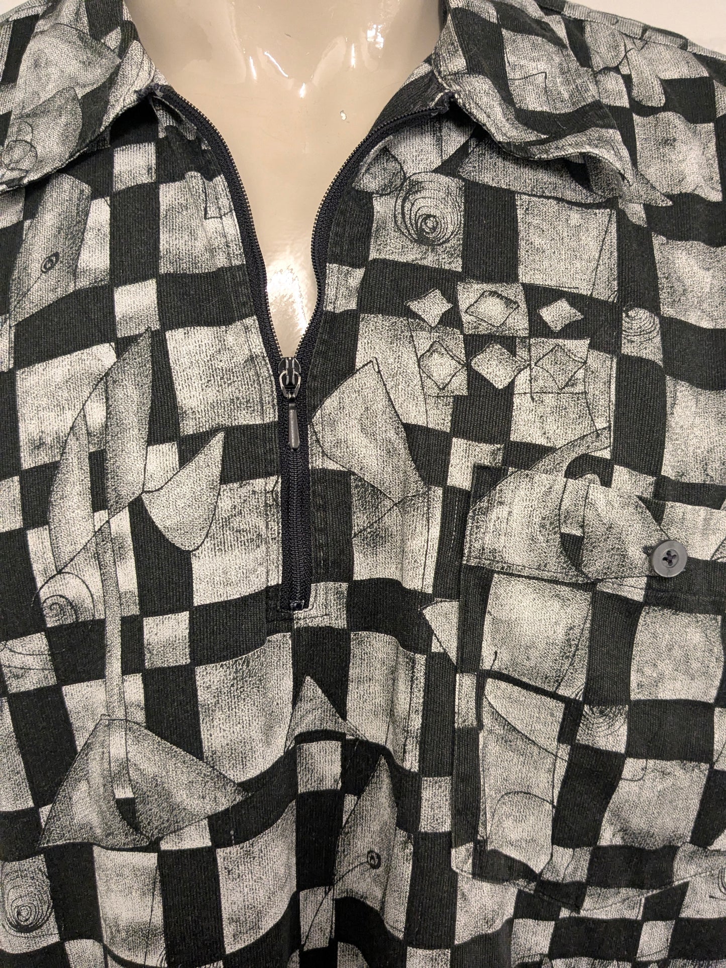 Vintage Kingsroad overhemd polo met rits. Zwart Witte print. Maat 3XL / XXXL.