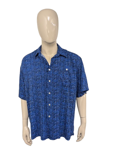 Vintage Prärie -Shirt Kurzarm. Blauer Schwarz -Weiß -Druck. Größe 3xl / xxxl.