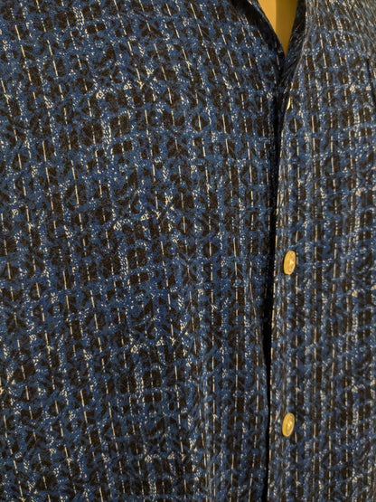 Vintage Prärie -Shirt Kurzarm. Blauer Schwarz -Weiß -Druck. Größe 3xl / xxxl.