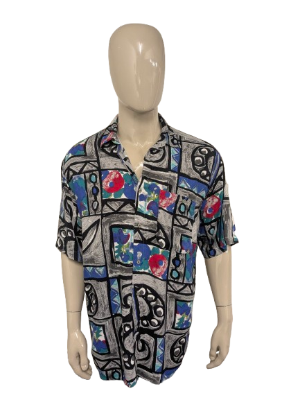 Vintage 80-90's Carlo Comberti shirt short sleeve. Black gray blue red print. Size XL.