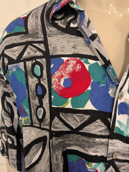 Vintage 80-90's Carlo Comberti shirt short sleeve. Black gray blue red print. Size XL.