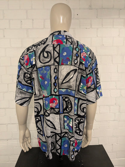 Vintage 80-90's Carlo Comberti shirt short sleeve. Black gray blue red print. Size XL.