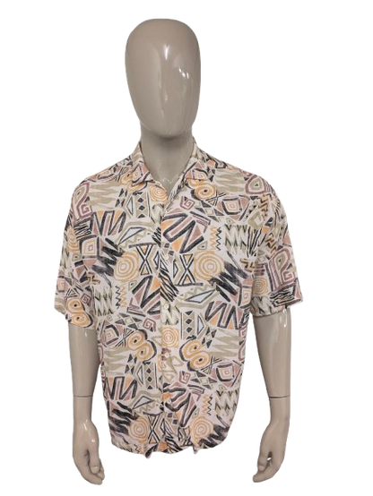 Pull & Bear shirt short sleeve. Green yellow brown print. Size oversized M. to XL.