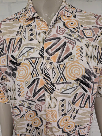 Pull & Bear shirt short sleeve. Green yellow brown print. Size oversized M. to XL.