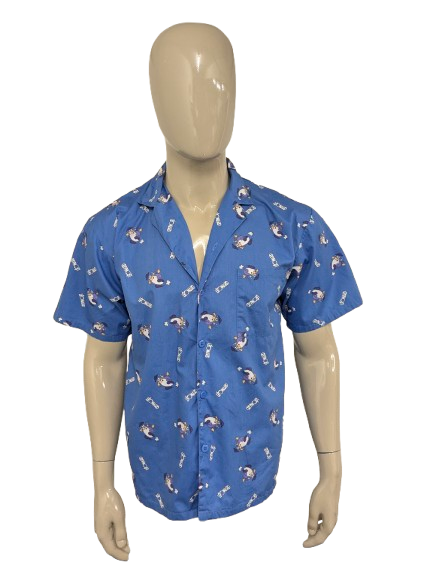 Vintage Leonard Hemd kurzarm – blau/lila Aufdruck – Größe L