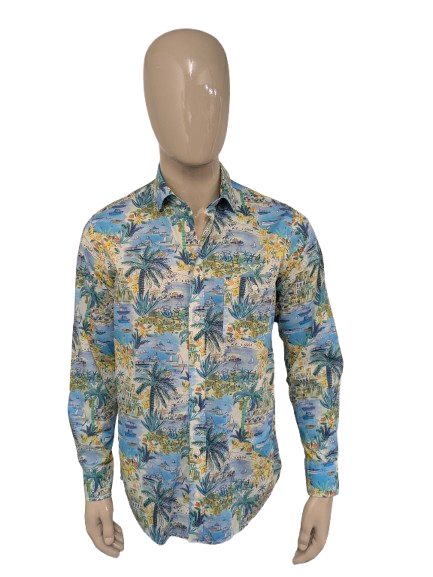 Walbusch print shirt. Blue green yellow print. Size M. Regular Fit.