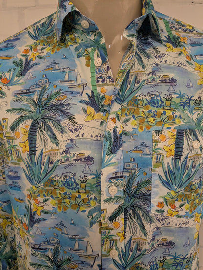 Walbusch print shirt. Blue green yellow print. Size M. Regular Fit.