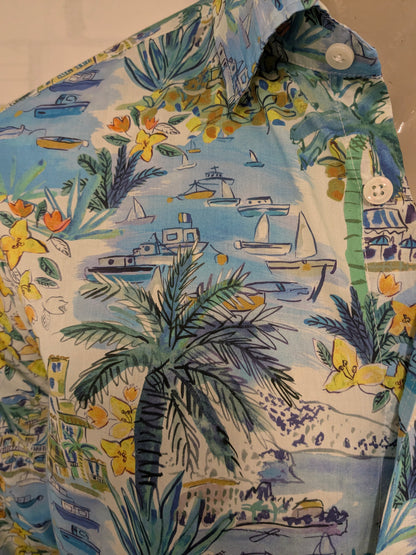 Walbusch print shirt. Blue green yellow print. Size M. Regular Fit.