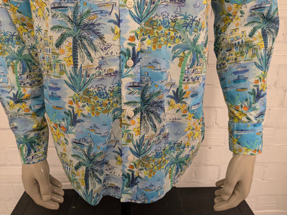 Walbusch print shirt. Blue green yellow print. Size M. Regular Fit.