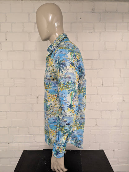 Walbusch print shirt. Blue green yellow print. Size M. Regular Fit.