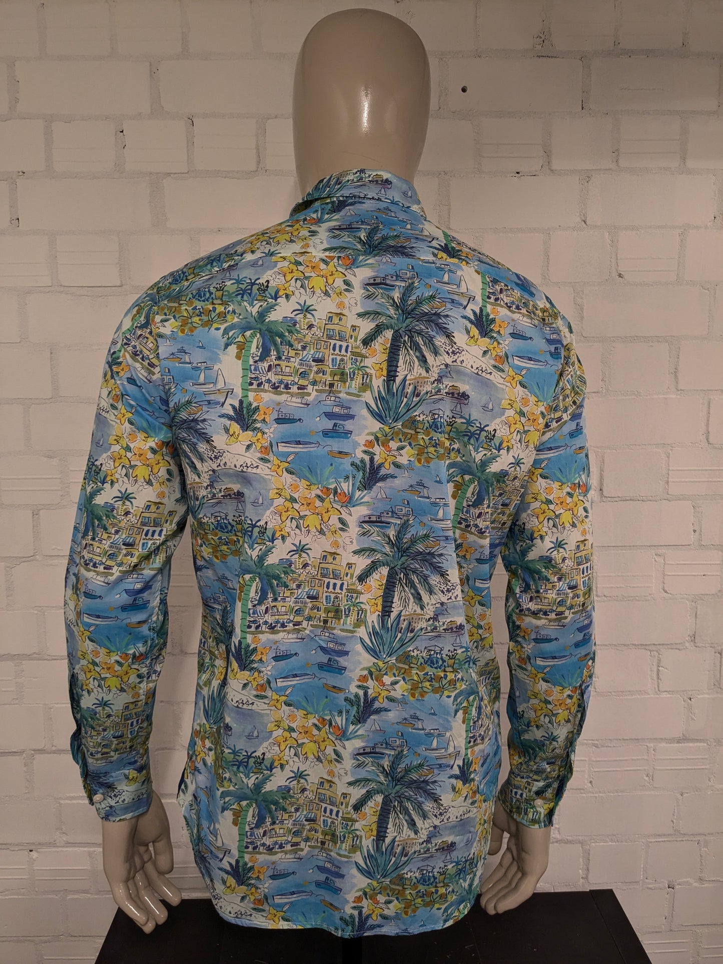 Walbusch print shirt. Blue green yellow print. Size M. Regular Fit.