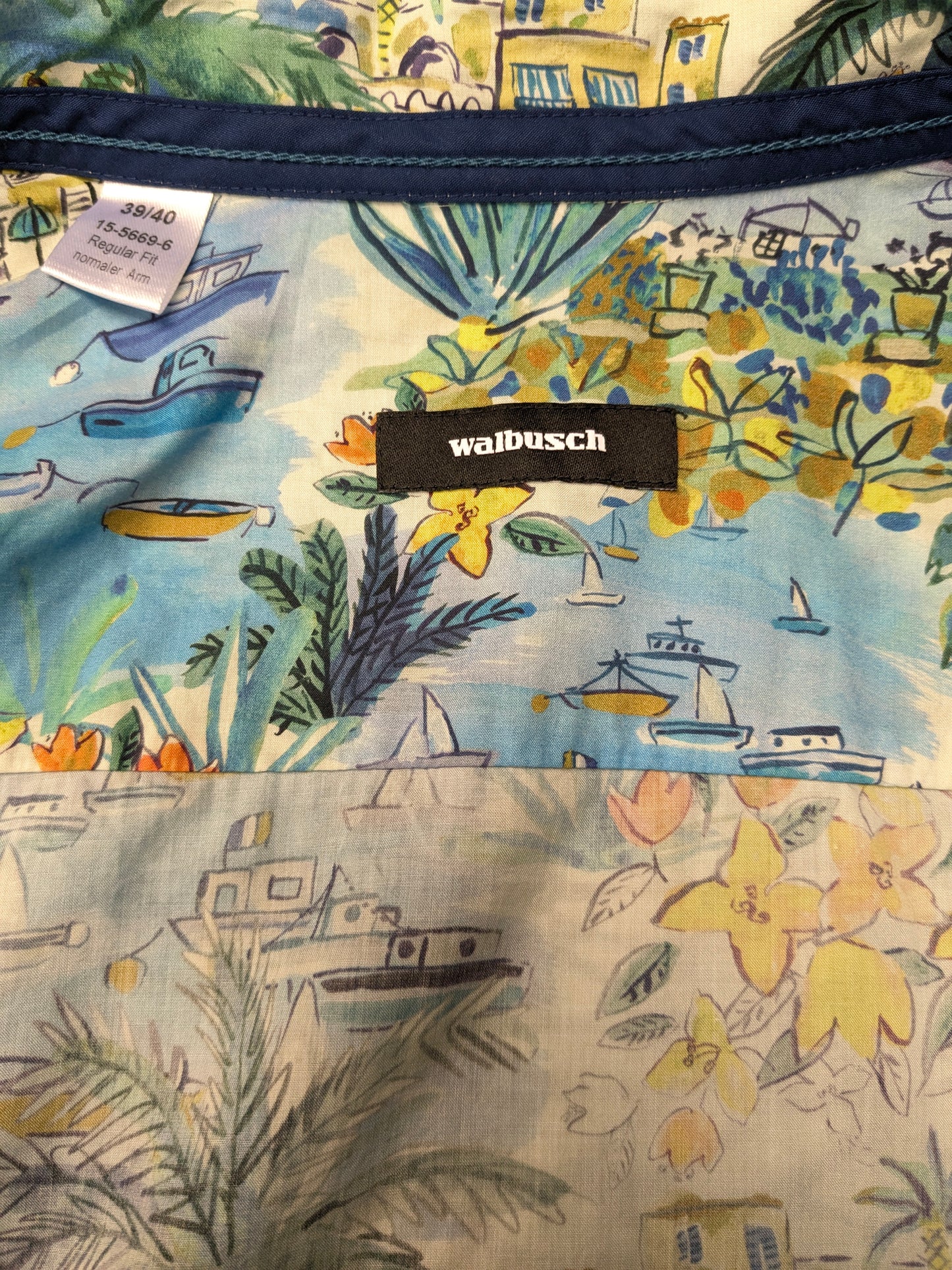 Walbusch print shirt. Blue green yellow print. Size M. Regular Fit.