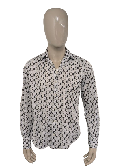 Gentiluomo overhemd. Zwart Wit Groene print. Maat L.