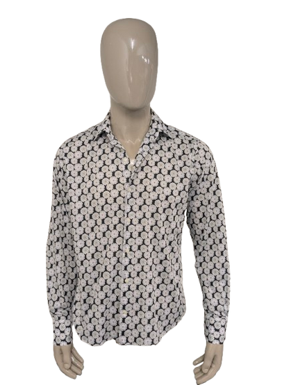 Gentiluomo overhemd. Zwart Wit Groene print. Maat L.