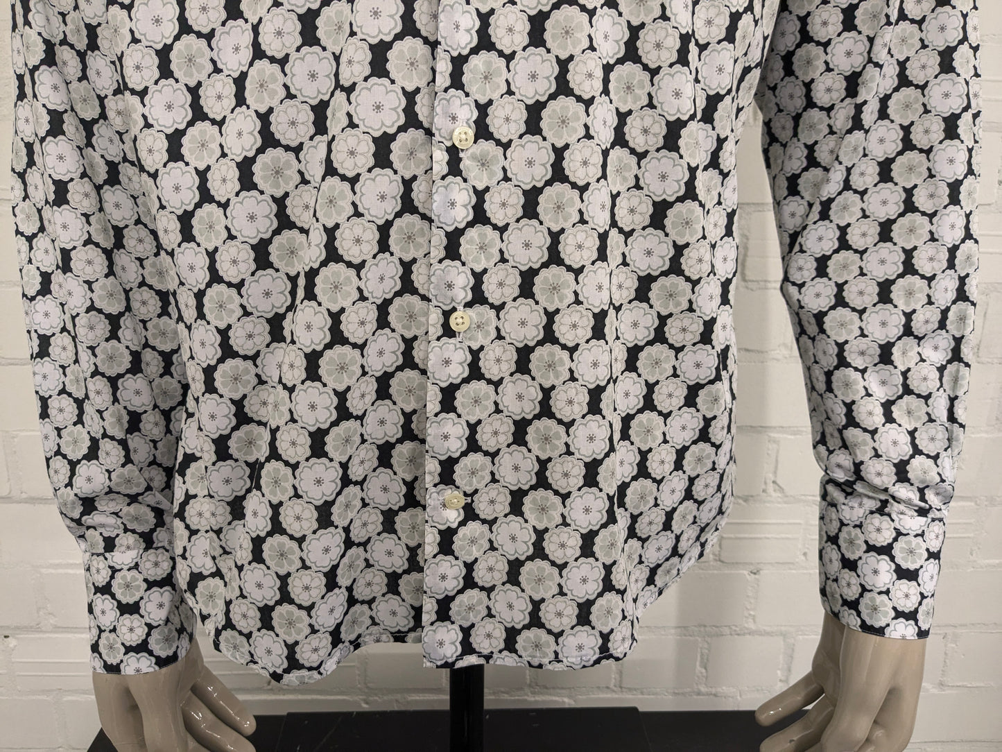 Gentiluomo overhemd. Zwart Wit Groene print. Maat L.