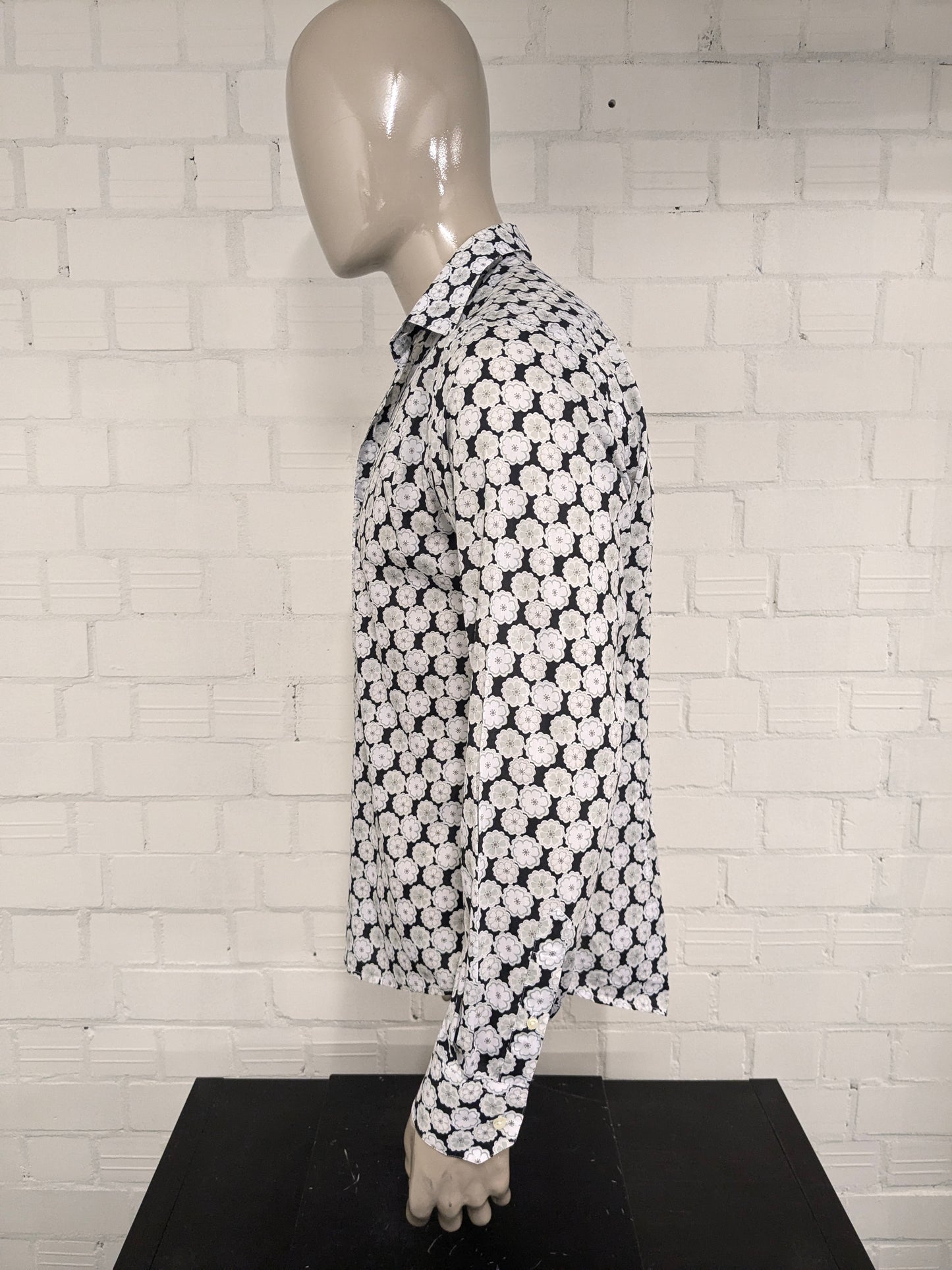 Gentiluomo overhemd. Zwart Wit Groene print. Maat L.