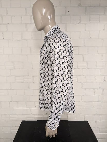 Gentiluomo overhemd. Zwart Wit Groene print. Maat L.