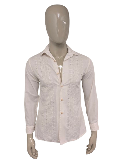 Camicia vintage degli anni '70. Beige con dettagli in pizzo. Taglia M. Slimt fit.