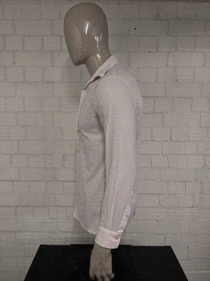 Camicia vintage degli anni '70. Beige con dettagli in pizzo. Taglia M. Slimt fit.