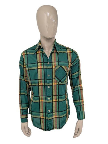 Vintage 70's Modell Paris shirt with point collar. Green yellow orange black checked. Size L.