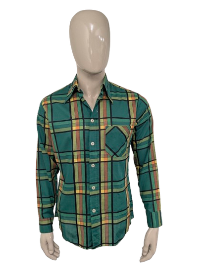 Vintage 70's Modell Paris shirt with point collar. Green yellow orange black checked. Size L.