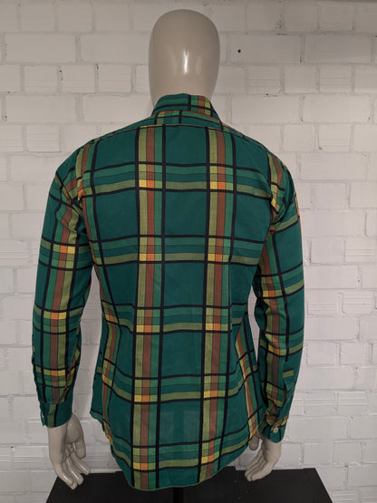 Vintage 70's Modell Paris shirt with point collar. Green yellow orange black checked. Size L.