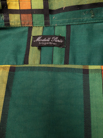 Vintage 70's Modell Paris shirt with point collar. Green yellow orange black checked. Size L.