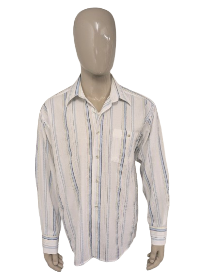 Vintage Abba Classic-Faltenhemd mit spitzem Kragen. Blau Weiß Gelb gestreift. Größe L.