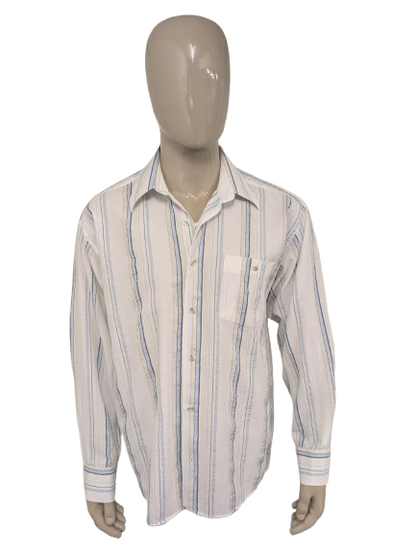 Vintage ABBA Classic Wrinkle shirt with point collar. Blue white yellow striped. Size L.
