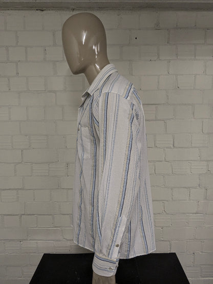 Vintage ABBA Classic Wrinkle shirt with point collar. Blue white yellow striped. Size L.