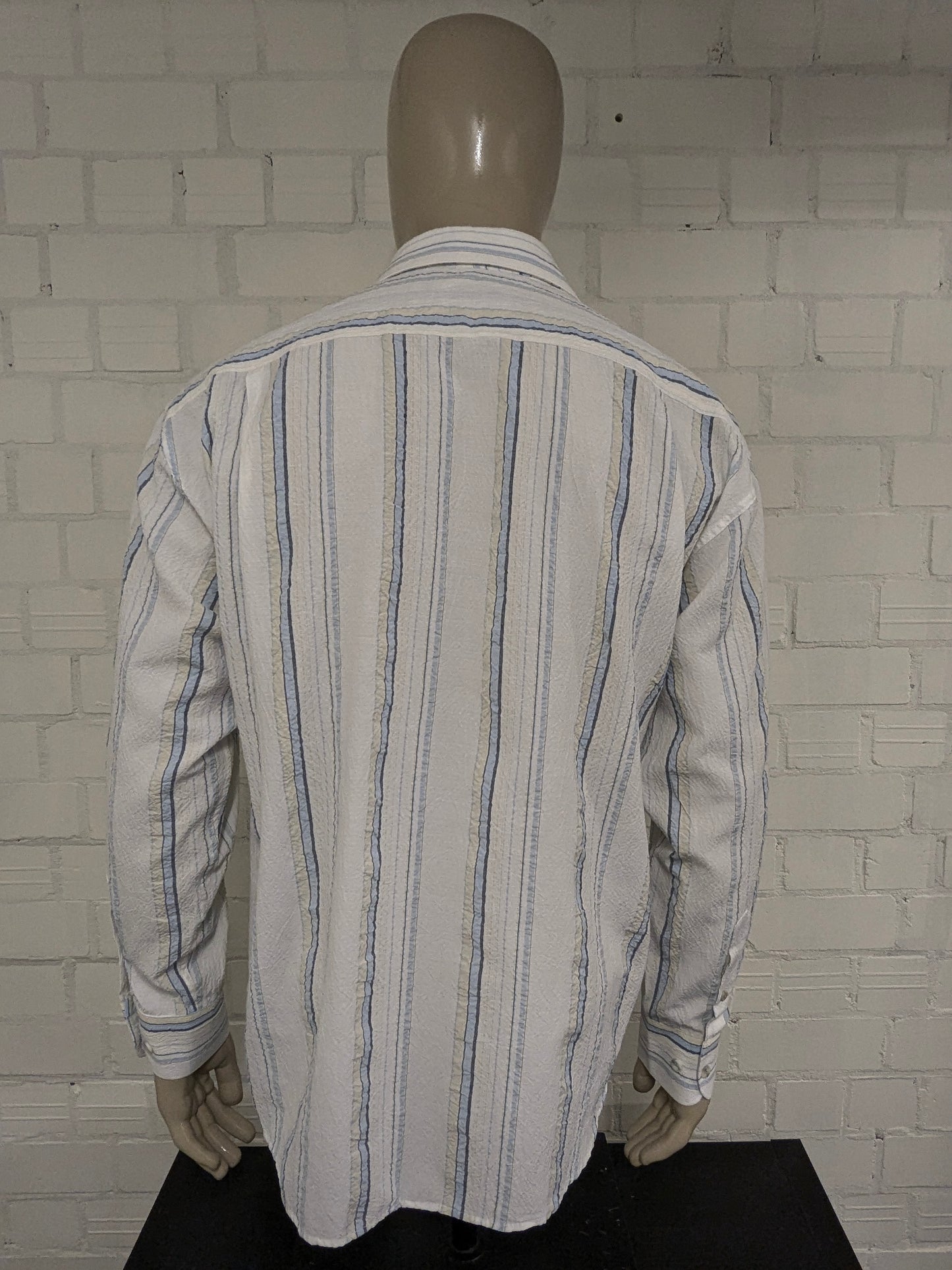 Vintage ABBA Classic Wrinkle shirt with point collar. Blue white yellow striped. Size L.
