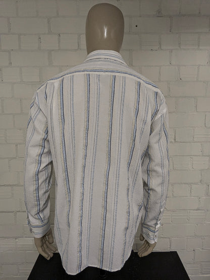 Vintage ABBA Classic Wrinkle shirt with point collar. Blue white yellow striped. Size L.