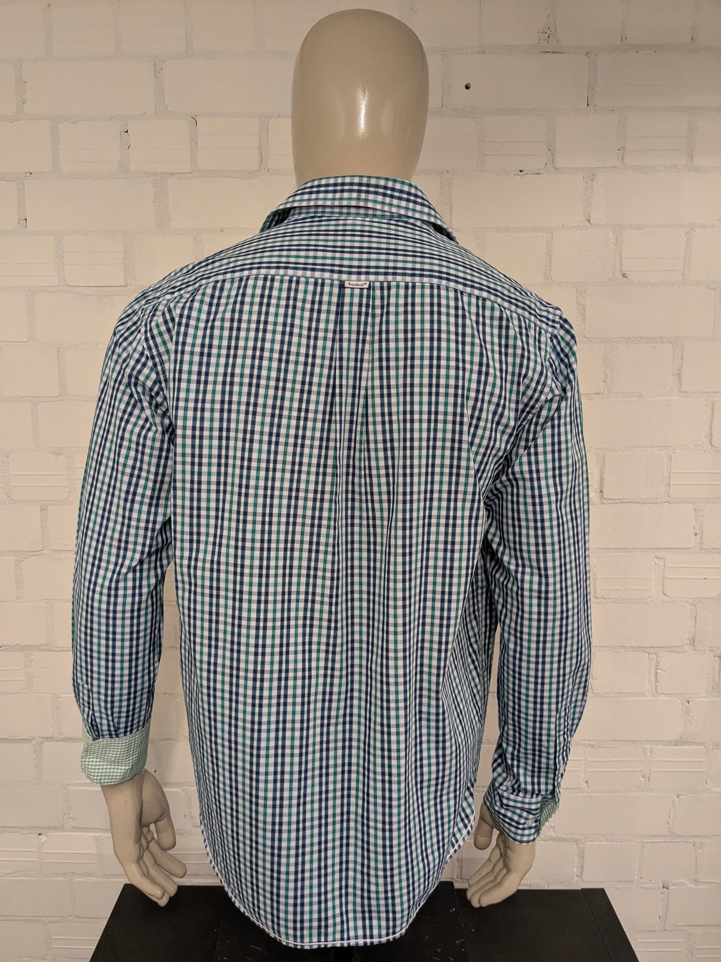 Vintage Budmil shirt. Blue green white blocked. Size XL.