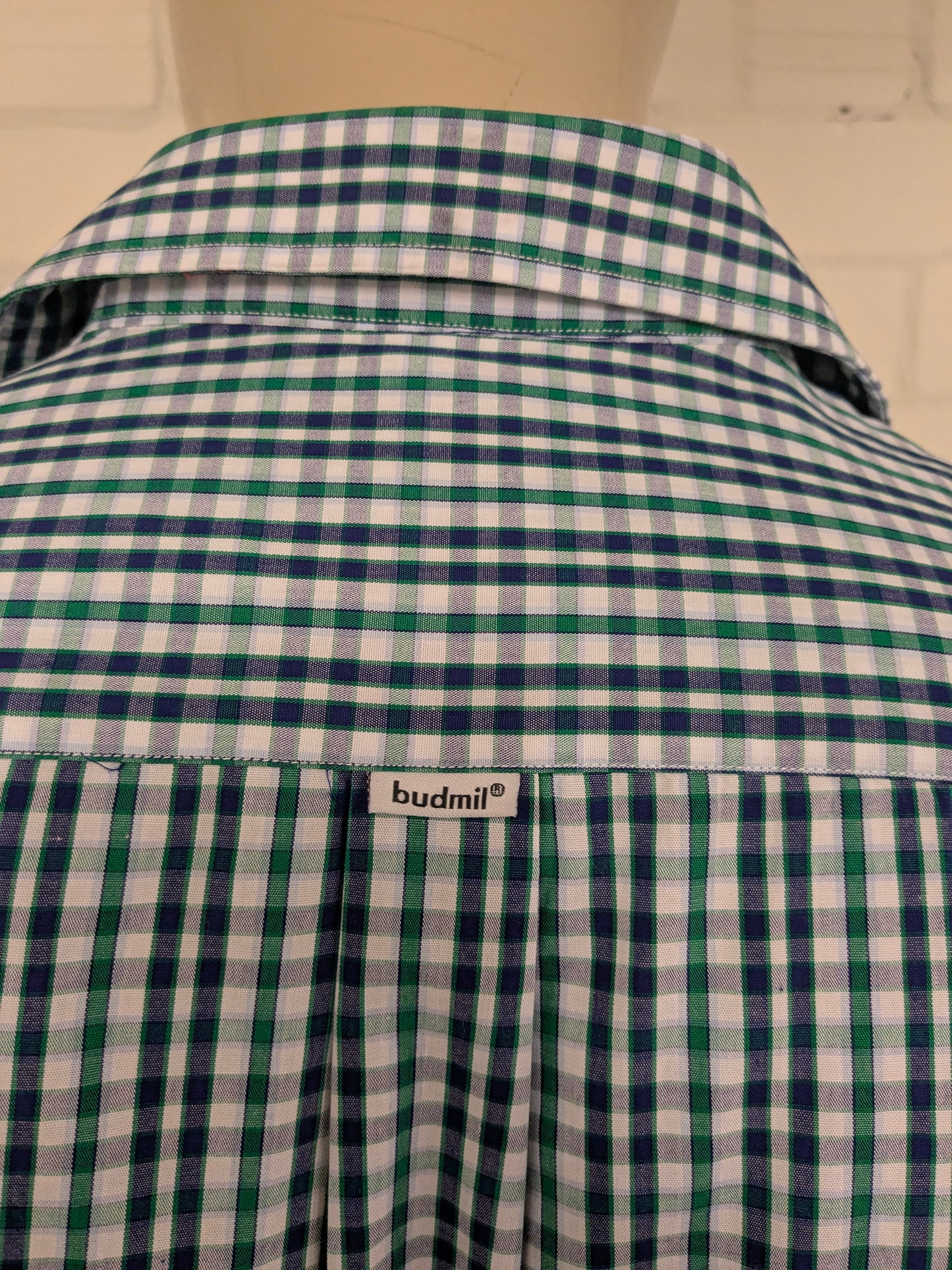 Vintage Budmil shirt. Blue green white blocked. Size XL.