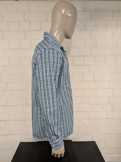 Vintage Budmil shirt. Blue green white blocked. Size XL.