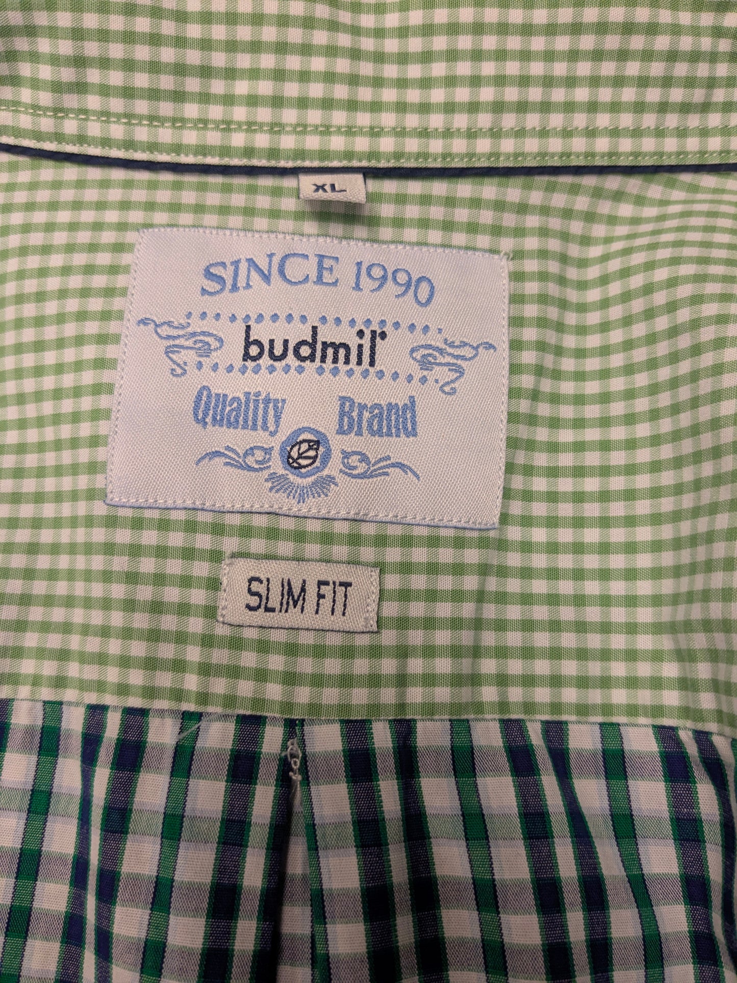 Vintage Budmil shirt. Blue green white blocked. Size XL.