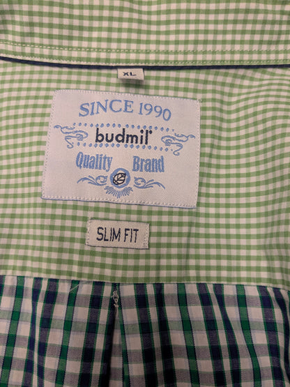 Vintage Budmil shirt. Blue green white blocked. Size XL.