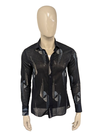 Vintage IV Passport licht doorschijnend overhemd. Zwart Blauw Beige print. Maat M.