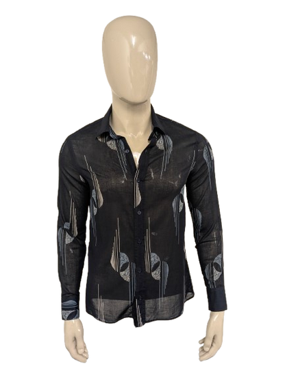 Vintage IV Passport licht doorschijnend overhemd. Zwart Blauw Beige print. Maat M.