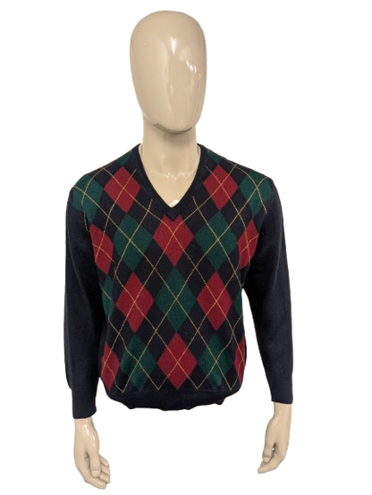 Maglione vintage in lana merino con scollo a V. Motivo argyle giallo verde rosso. Dimensione L. 50% lana.