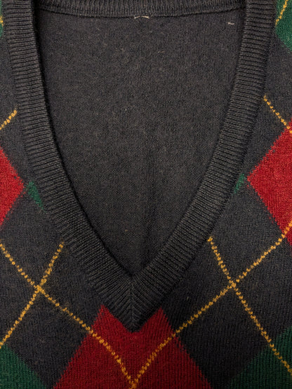 Maglione vintage in lana merino con scollo a V. Motivo argyle giallo verde rosso. Dimensione L. 50% lana.