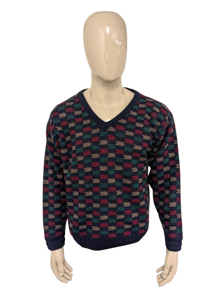 Suéter vintage perizzi con cuello en V. Color rojo verde color beige de color. Tamaño L.