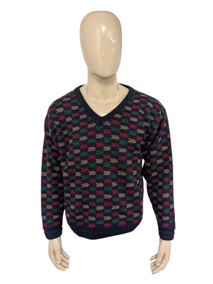 Suéter vintage perizzi con cuello en V. Color rojo verde color beige de color. Tamaño L.