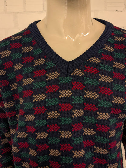 Suéter vintage perizzi con cuello en V. Color rojo verde color beige de color. Tamaño L.