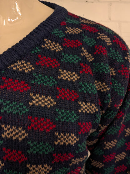 Suéter vintage perizzi con cuello en V. Color rojo verde color beige de color. Tamaño L.