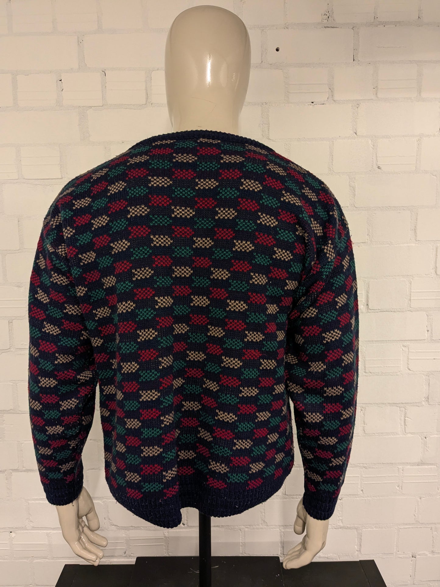 Suéter vintage perizzi con cuello en V. Color rojo verde color beige de color. Tamaño L.