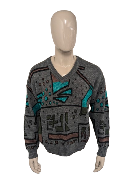 Warmer Vintage-Pullover mit V-Ausschnitt – grau/grün/braun – Größe XL
